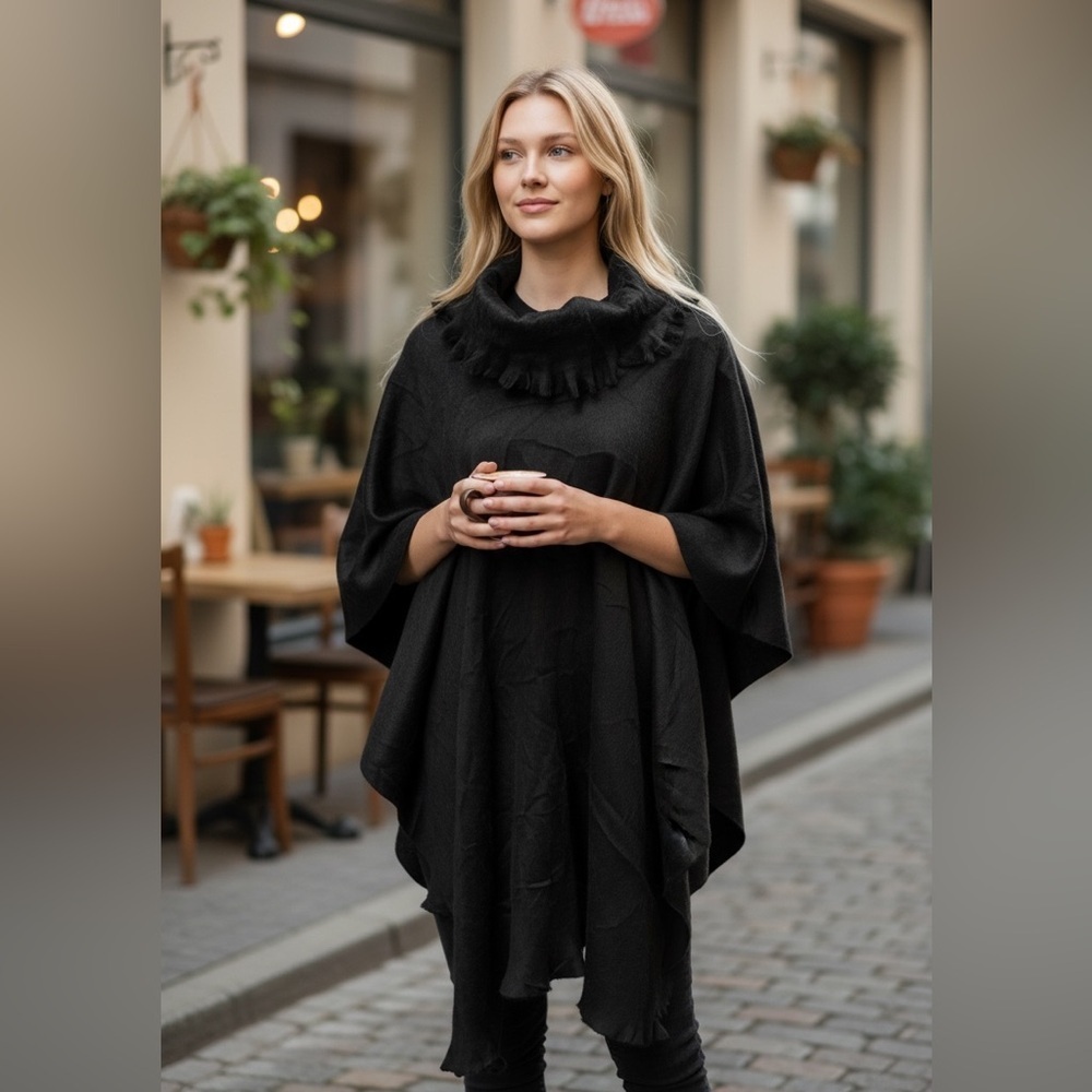 NWT Pokoloko Cowl Neck Poncho Shawl Black "Ink Tartan" One Size